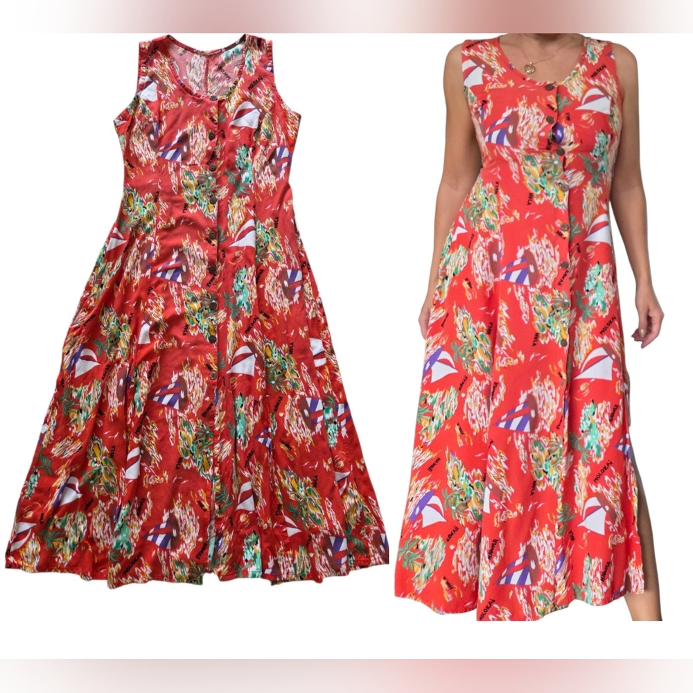 Paradise Found Hawaiian Long Button Front Dress Small Red Tropical Sailboat‎ VTG